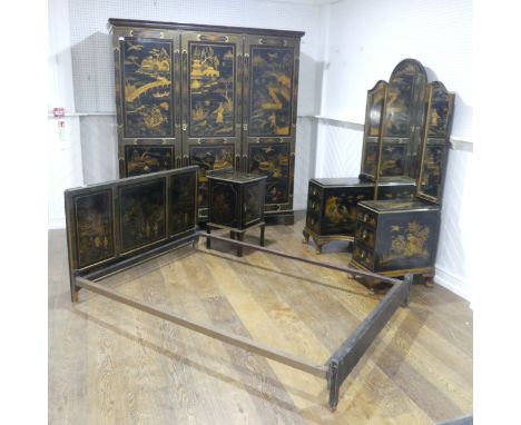 An early 20th century black lacquered chinoiserie bedroom Suite, featuring gilt painted garden scenes with figures, foliate d