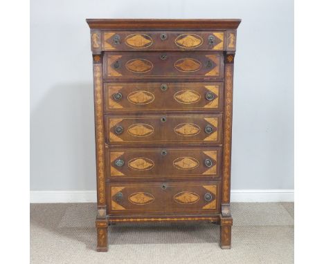 An early 19th century Dutch walnut and marquetry tall Chest of six drawers, decoratively inlaid with; flowers, shells, cheque