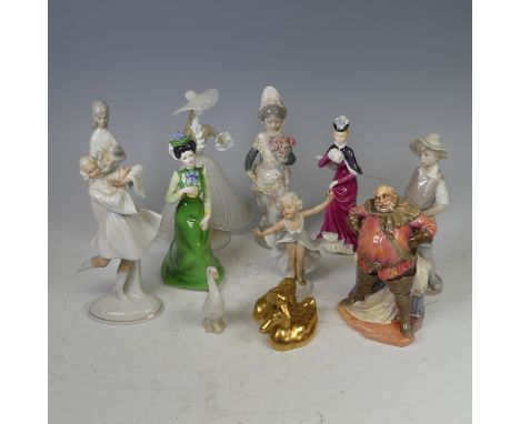 A Herend porcelain Duck group, hand painted in gilt, impressed stamp and label to base, W 11 cm, together with nine other por