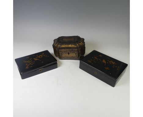 A 19th century Chinese lacquer Tea Caddy, of shaped sarcophagus form, detailed with gilt chinoiserie decorations, enclosing t