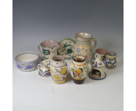 Honiton Pottery: ten pieces of Collard period Honiton Pottery, including a sgraffito vase, possibly by Frank Braddon, two jug