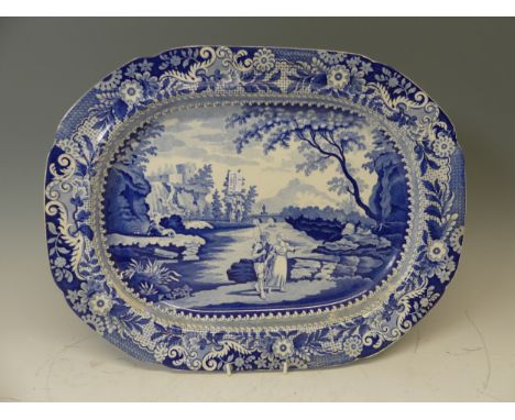 A Brameld &amp; Co. (Rockingham) pottery meat platter, 19th century, printed in under glaze blue with the Castle of Rochefort