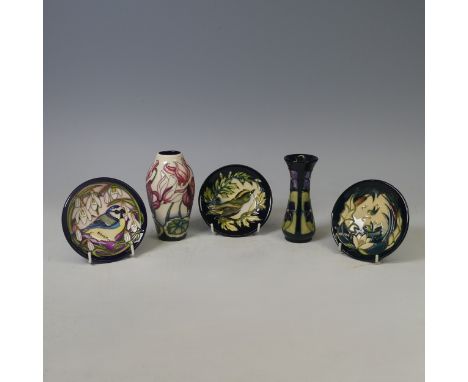 Three Moorcroft pottery coasters, various patterns, comprising Blue Tits Bounty, Inglewood Green Finch, and Lamia, painted an