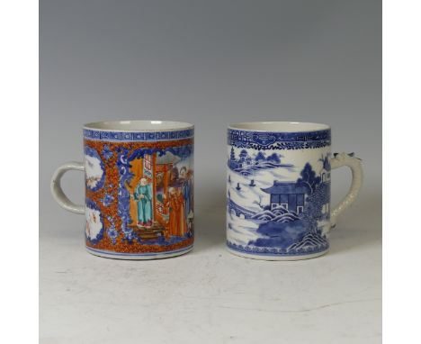 A large 19thC Chinese porcelain Mandarin palette Tankard, with orange enamel and gilt scale decoration enclosing central scen