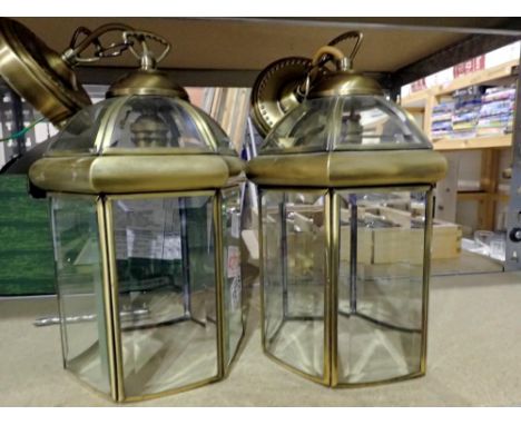 Brass and glass hanging light fitting. Not available for in-house P&amp;P 