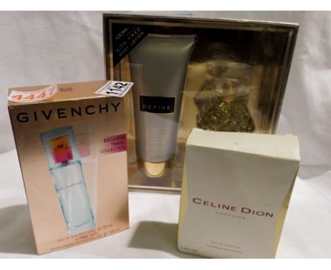 Three Eau De Perfumes including Celine Dion, 100ml and Givenchy, 50ml. Not available for in-house P&amp;P