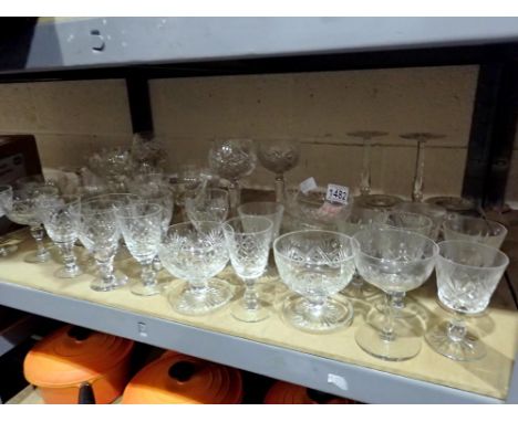 Shelf of glass and crystal, including wine glasses and sundae glasses. Not available for in-house P&amp;P