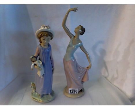 Two Nao and Lladro lady figurines with minor damage, largest H: 35 cm. Not available for in-house P&amp;P