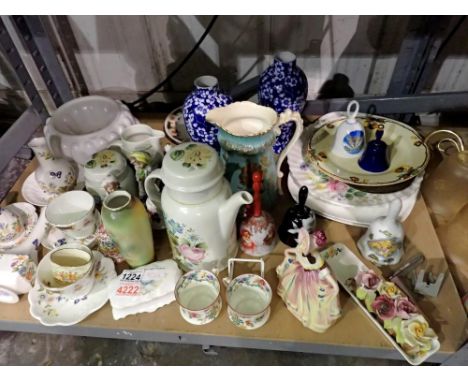 Shelf of ceramics, including Aynsley. Not available for in-house P&amp;P