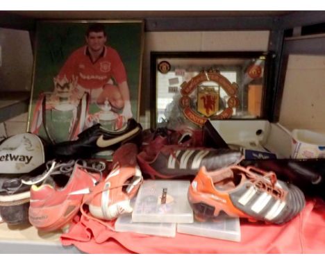 Quantity of football and darts memorabilia with an autographed picture, shirt and cap. Not available for in-house P&amp;P