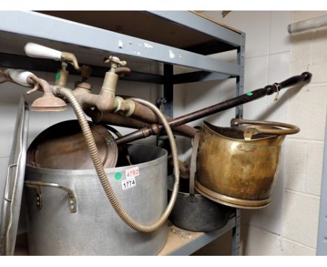 Shelf of mixed metals to include taps, pump, coal scuttle and a pan. Not available for in-house P&amp;P
