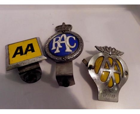 Two vintage AA radiator badges and a similar RAC example. UK P&amp;P Group 2 (£20+VAT for the first lot and £4+VAT for subseq