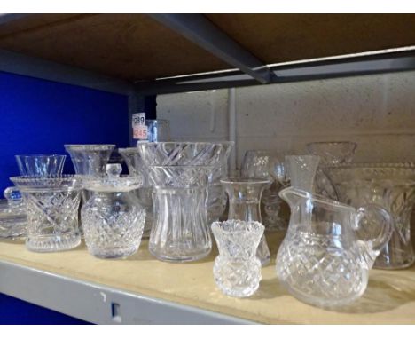 Shelf of crystal ware, including vases and jugs. Not available for in-house P&amp;P
