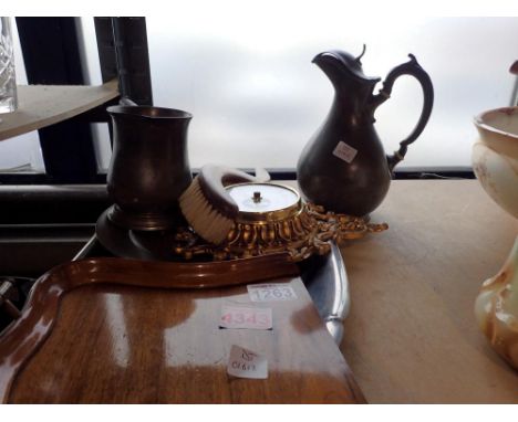 Mixed metalware, including a white metal tray, pewter and an ormolu aneroid barometer. Not available for in-house P&amp;P