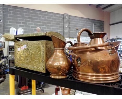 Shelf of mixed brass, including a coal scuttle and companion set. Not available for in-house P&amp;P