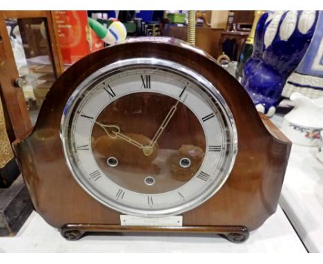 1940s mantel clock with inscribed plate stating British Rail L.M Region, 45 years, service, key and pendulum present. Not ava