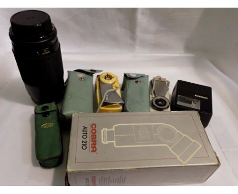 Photographic equipment including a Vivitar 70-200 mm lens, Cobra auto 210 flash unit, light meters. UK P&amp;P Group 2 (£20+V
