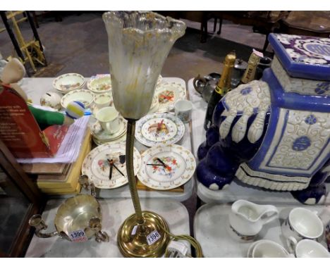 Brass articulated table lamp, with glass shade, H: 56cm. All electrical items in this lot have been PAT tested for safety and