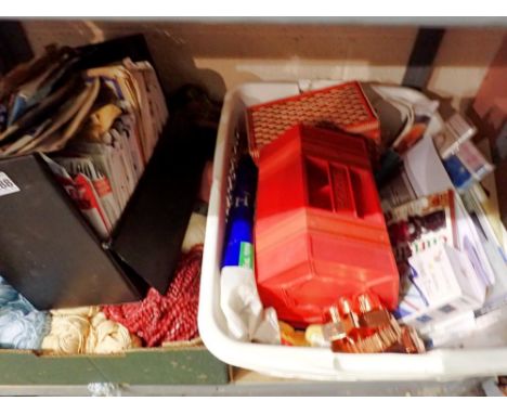 Shelf of crafting wares including wool sewing boxes and patterns. Not available for in-house P&amp;P 