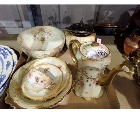 Group of early 20th century Crown Devon Blush Ivory ceramics, including a fruit bowl, coffee pot and a biscuit barrel, interi