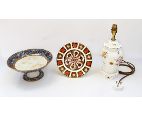 A Royal Crown Derby 1128 porcelain side plate (2nds); together with a Royal Crown Derby 'Derby Posies' porcelain Lamp and a F