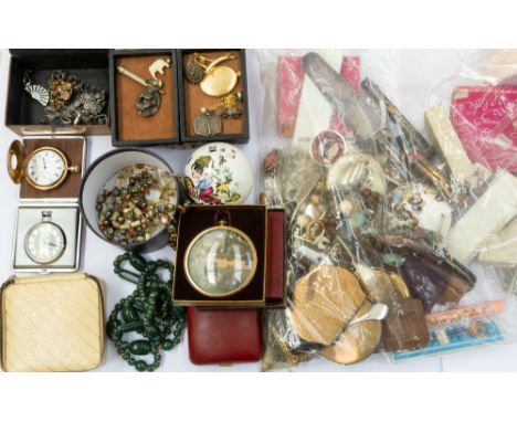 A collection of vintage costume jewellery to include a plated Elgin half hunter pocket watch, (missing bow not working) Smith