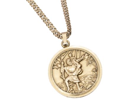 A 9ct gold St Christopher medallion pendant, diameter approx 25mm, suspended from a flat link 9ct gold chain, length approx 2