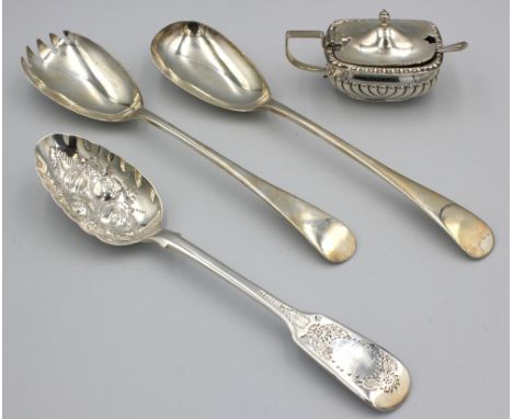 A pair of George V silver salad servers, hallmarked by WS Savage & Co, Sheffield, 1926; a Victorian silver fiddle patterned b