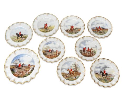 A collection of Royal Crown Derby hand painted hunting scene plates, signed by the Derby artists, larger one AF,&nbsp; 1 othe