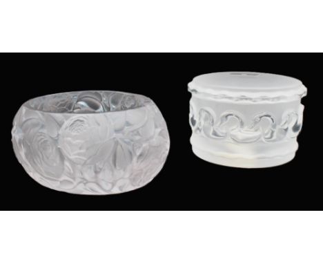Rene Lalique- A Rose design Dinard box base, impressed R Lalique. Clear and frosted glass with a slight blue hue. Together wi