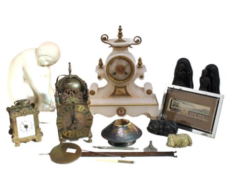 A 19th Century French marble mantle clock, AF, a French travel clock, a 19th Century small lantern clock, a plaster figure an