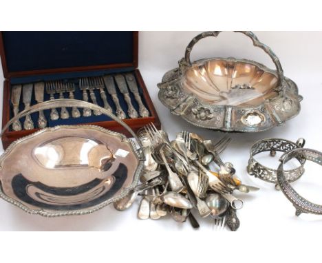 A collection of silver plated wares comprising of: a 19th century Elkington &amp; Co, silver plated swing handled fruit baske