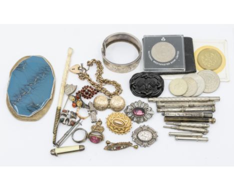A collection of jewellery and other items including silver hinged bangle, hardstone brooches, silver topped brooch and pin, g