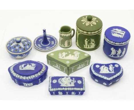 A collection of nine Wedgwood jasperware items comprising: a fan-shaped trinket box in green; a cylindrical lidded trinket po