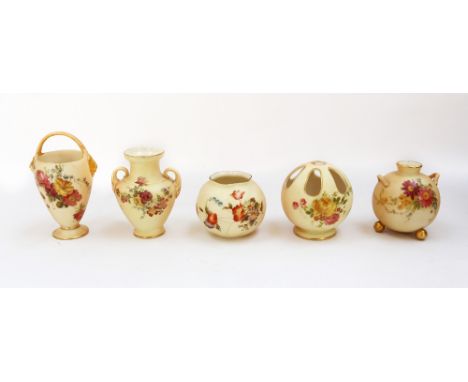 A collection of Royal Worcester blush ivory pieces comprising: a small urn; handled pot; globular handled vase; globular vase