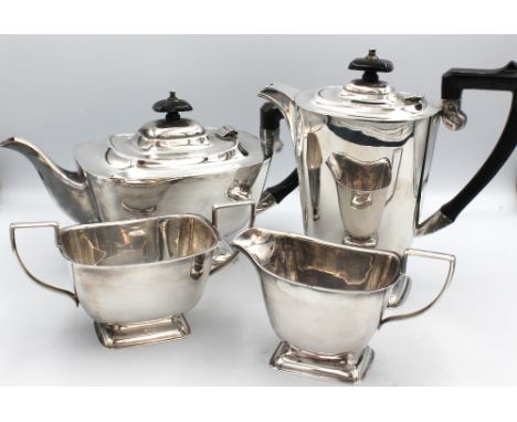 A 20th century four piece silver plated tea set, all marked EPNS, tea and coffee pots with ebonised style handles, (4)