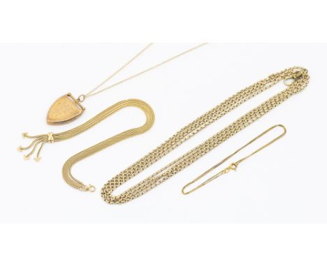 A collection of gold jewellery to include a 9ct gold double strap herringbone link chain, the front with tassel dropper arrow