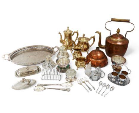 A small selection of mid to late 20th century silver plate along with a brass and copper kettle and other copper bits.some we