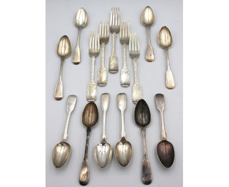 A collection of mixed silver flatware to include; four matching George V silver fiddle patterned dessert forks, each with eng