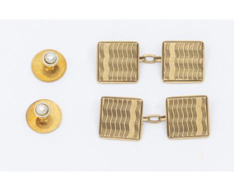 A pair of 18ct gold pearl set dress studs, total gross weight approx 2.5gms, along with a pair of 9ct gold engine turned squa