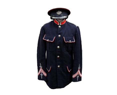 A 1930s Alstonefield band uniform with decorative depicting a harp, the shoulders are decorated in barley twist braiding, eac
