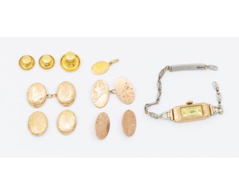 A collection of gold jewellery to include three 18ct gold dress studs, weight approx 3.2gms, two pairs of 9ct gold cufflinks,