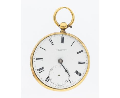 A J.W Benson London 18ct gold open faced pocket watch, comprising a white signed dial numeral markers, subsidiary dial at 6, 