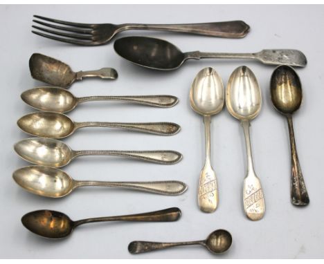 A mixed collection of silver flatware to include; a George III silver caddy spoon, initialled to terminal, hallmarked by John
