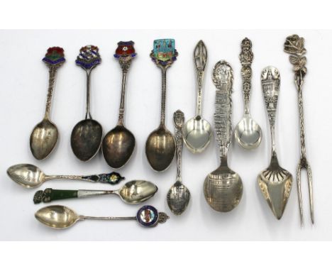 A small collection of mixed 20th century souvenir or commemorative spoons, some with enamelled terminals, to include; Columbi