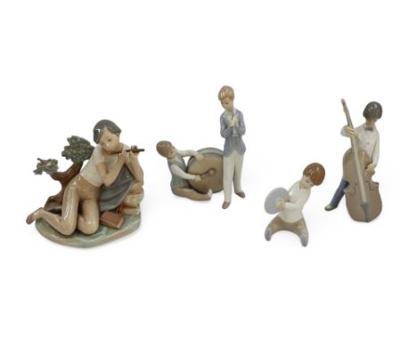 A collection of four Lladro figures comprising; a flute player, a Cello player, two child musicians and a child with symbols.