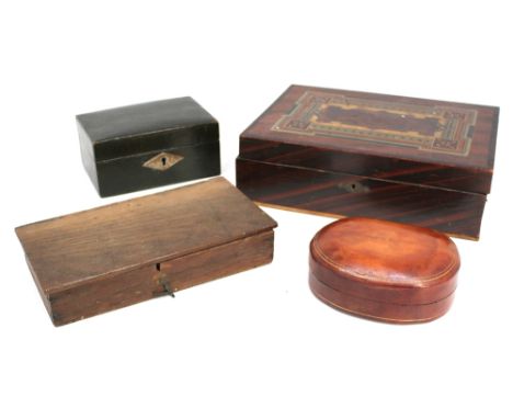 A 19th Century mahogany and walnut inlaid trinket box along with two other trinket boxes and a 19th Century pine box.
