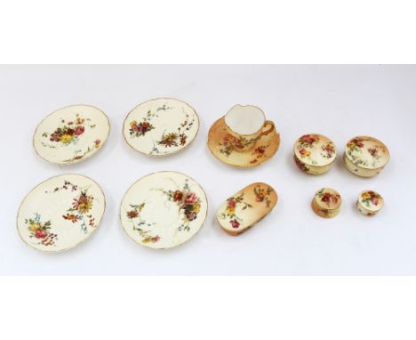 A collection of miscellaneous Royal Worcester blush ivory pieces comprising: a shaped cup and saucer Rd No. 158959; four sauc