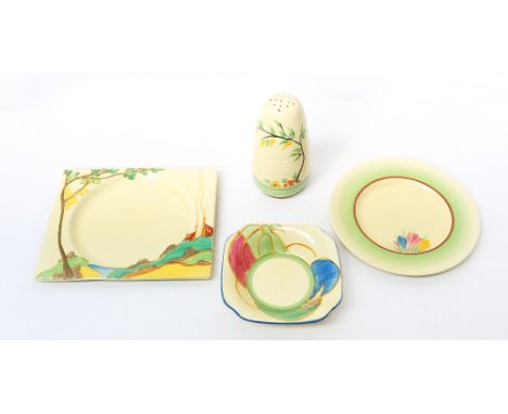 4 Clarice Cliff items to include a Biarritz 'secrets' design plate , approximately 18.5cm x 15.5cm, Newport mark to rear, A s