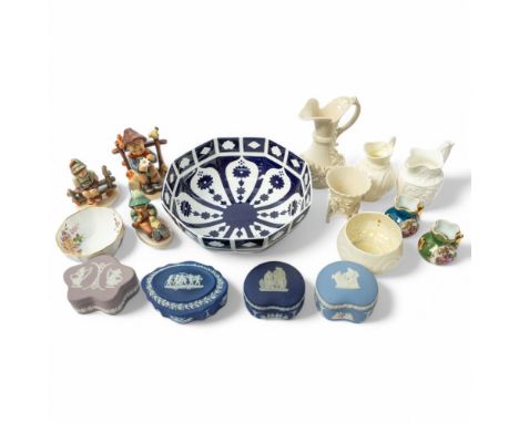 A small selection of ceramics comprising of: four pieces of Belleek including two jugs, a bowl, and a small vase; a Victorian